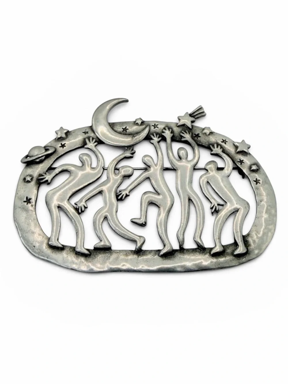 JJ Jonette Jewelry Co Pewter Style Tribal Dancers Saturn Moon Star Pin Vintage